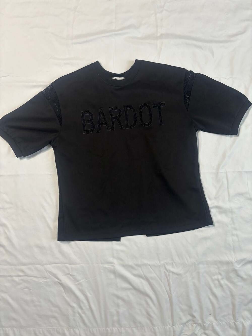 Brigitte Bardot Black Logo Short Sleeve Top with Lace Detail